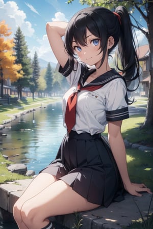 anime style beautiful woman, 1girl, (ponytail), black hair, (long hair), 
(smile), 
Slender, skinny, (turime), thick eyebrows, 
(school uniform), (sailor uniform), ((red sailor tie)), (white sailor blouse), 
 outdoor, forest, nature, sun, sky, clouds, grass, trees, river, rocks,
looking at viewer, (cowboy shot:1.4), (masterpiece:1.2), best quality, high resolution, unity 8k wallpaper, (illustration:0.8), (beautiful detailed eyes:1.4), extremely detailed face, perfect lighting, extremely detailed CG, (perfect hands, perfect anatomy), breakdomain, light, long hair,  sitting, arms behind head, 