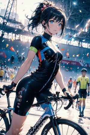 Paris Olympics, (((cycling))), Olympic cycling road competition,
anime style beautiful woman, 1girl, (ponytail), black hair, (long hair), 
Slender, skinny, (turime), thick eyebrows, 

wearing blue sport attire with tricolor lines, blue pants, playing sports, single glove, fingerless gloves, (wet), tight_clothes,
player uniform, 
riding a bike, wearing a cycling kit, wholesome, wet with sweat, ((at the finish line of a bike race)),
(riding a bicycle across the road),
motion blur, emphasis line, sparks, plasma, aura,
((Olympic Stadium, outdoors, crowd in distant stands, stadium, olympic venues)), 
,Midjourney,

vibrant colors, sharp focus, best quality, depth of field, cinematic lighting, (illustration, 8k CG, extremely detailed), ultra-detailed, high resolution, firefliesfireflies, perfect light, 
stylish pose, 8k, very clear, highest quality, high resolution. best quality, illustration, sax blue, 1girl, cute, (dynamic lighting:1.2), cinematic lighting, delicate facial features, detailed eyes, sharp pupils, realistic pupils, depth of field, bokeh, sharp focus, (hyper-detailed, bloom, glow:1.4), many small gems,