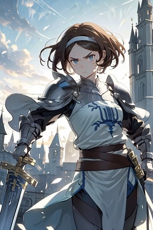 masterpiece, best quality, headband, 
1girl, solo
Remedios, short hair, hair band, brown hair, armor, serious face, looking at viewer,
((holding sword)), buster sword, sky, sun, 
Castles, towers, medieval castle, outdoors, gloomy lighting, (afternoon:1.2), dynamic pose,perfect light