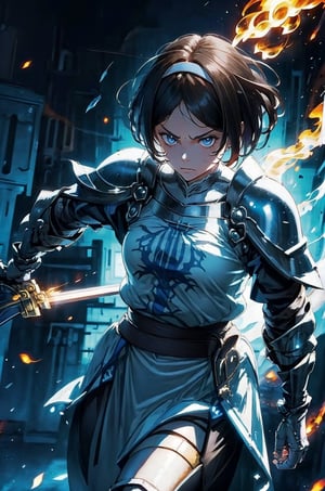 masterpiece, best quality
1girl, solo
1girl on a castle wall, medieval castle, outdoors, gloomy lighting, (afternoon:1.2), 
Remedios, short hair, hair band, brown hair, armor, serious face, looking at viewer,
fighting stance, sword, ((holding sword)), buster sword, demon monster, fire, flames, smoke,neon light,neon sign,neon,LED