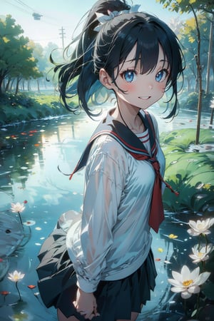 anime style beautiful woman, 1girl, (ponytail), black hair, (long hair), (smile), (Landscape, sky, tree, autumn, water falls, river, stunning aesthetics, sunlight, majestic forest, beautiful and detailed image, reflection, sunset, 8k,detail,midjourney,pastelbg), upper body, 
Slender, skinny, (turime), thick eyebrows, 
(school uniform), (sailor uniform), ((red sailor tie)), (white sailor blouse), 
vibrant colors, sharp focus, best quality, depth of field, cinematic lighting, (illustration, 8k CG, extremely detailed), ultra-detailed, high resolution, firefliesfireflies, perfect light, 
stylish pose, 8k, very clear, highest quality, high resolution. best quality, illustration, sax blue, 1girl, cute, (dynamic lighting:1.2), cinematic lighting, delicate facial features, detailed eyes, sharp pupils, realistic pupils, depth of field, bokeh, sharp focus, (hyper-detailed, bloom, glow:1.4), many small gems