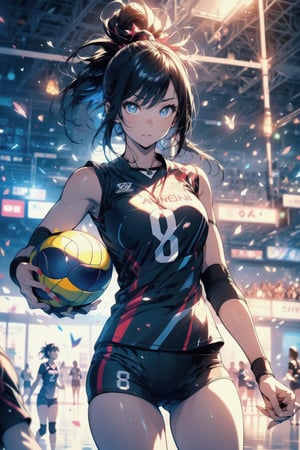 Paris Olympics, (((volleyball)))
anime style beautiful woman, 1girl, (ponytail), black hair, (long hair), 
Slender, skinny, (turime), thick eyebrows, 
volleyball uniform, blue uniform, (wet), tight_clothes, 
(((holding a valleyball))), 
Olympic Stadium, (valleyball court), valleyball net, 
vibrant colors, sharp focus, best quality, depth of field, cinematic lighting, (illustration, 8k CG, extremely detailed), ultra-detailed, high resolution, firefliesfireflies, perfect light, 
8k, very clear, highest quality, high resolution. best quality, illustration, sax blue, 1girl, cute, (dynamic lighting:1.2), cinematic lighting, delicate facial features, detailed eyes, sharp pupils, realistic pupils, depth of field, bokeh, sharp focus, (hyper-detailed, bloom, glow:1.4), many small gems,girl,Midjourney,volleyball uniform