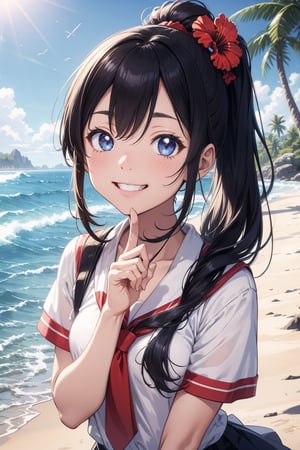 anime style beautiful woman, 1girl, (ponytail), black hair, (long hair), (smile), 
(((fingersmile, finger to mouth))), 
(beach), (outdoor, blue sky, beautiful fantasy tropics, sweet smile, vivid color, sunshine, flowers, hibiscus, scenery, Beautiful Beach)),  
Slender, skinny, (turime), thick eyebrows, (from below). 
(school uniform), (sailor uniform), ((red sailor tie)), (white sailor blouse), 
vibrant colors, sharp focus, best quality, depth of field, cinematic lighting, (illustration, 8k CG, extremely detailed), ultra-detailed, high resolution, firefliesfireflies, perfect light, 
stylish pose, 8k, very clear, highest quality, high resolution. best quality, illustration, sax blue, 1girl, cute, (dynamic lighting:1.2), cinematic lighting, delicate facial features, detailed eyes, sharp pupils, realistic pupils, depth of field, bokeh, sharp focus, (hyper-detailed, bloom, glow:1.4), many small gems,Beautiful Beach,breakdomain,fingersmile,Tongue out