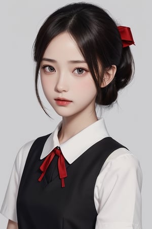 emotionless, beutiful woman, shinomiya kaguya, folded ponytail, forehead, hair ribbon, brown eyes, (red ribbon), ribbon, short hair, sidelocks, small breast ,black dress, dress, pinafore dress, school uniform, shirt, short sleeves, shuuchiin academy school uniform, white shirt, looking at viewer, best quality, high resolution, unity 8k wallpaper, illustration, beautiful detailed eyes, extremely detailed face, perfect lighting, extremely detailed CG, perfect hands, perfect anatomy,folded ponytail, high_school_girl, mai, 1girl, face 