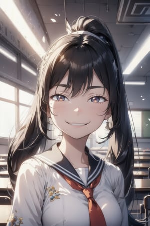 anime style beautiful woman, 1girl, (ponytail), black hair, (long hair), (smile), (((Classroom, blurry background))),
Slender, skinny, (turime), thick eyebrows, 
(school uniform), (sailor uniform), ((red sailor tie)), (white sailor blouse),  
vibrant colors, sharp focus, best quality, depth of field, cinematic lighting, (illustration, 8k CG, extremely detailed), ultra-detailed, high resolution, firefliesfireflies, perfect light, 
stylish pose, 8k, very clear, highest quality, high resolution. best quality, illustration, sax blue,  (dynamic lighting:1.2), cinematic lighting, delicate facial features, detailed eyes, sharp pupils, realistic pupils, depth of field, bokeh, sharp focus, (hyper-detailed, bloom, glow:1.4), many small gems, 
 Classroom,light,see-through,glitter,IncrsAnyasHehFaceMeme