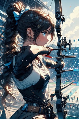 Paris Olympics, (((archery))), Olympic archery competition,
anime style beautiful woman, 1girl, (ponytail), black hair, (long hair), 
Slender, skinny, (turime), thick eyebrows, 

archery, arrow (projectile), blue pants, bow, (weapon), chest guard, long sleeves, playing sports, single glove, solo, stadium, visor cap, 
((bowstring)), holding bow , (weapon), holding arrow, aiming, fingerless gloves, player uniform, target in range, olympic games venue, 

((Olympic Stadium, crowd in distant stands, stadium, olympic venues)), 
,Midjourney,