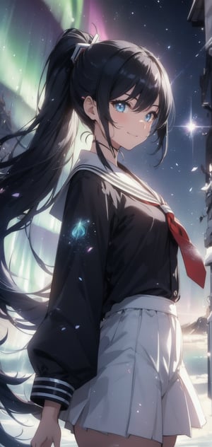 anime style beautiful woman, 1girl, (ponytail), black hair, (long hair), (smile), (((Arctic Iceland background, aurora in the sky))),
Slender, skinny, (turime), thick eyebrows, 
(school uniform), (sailor uniform), ((red sailor tie)), (white sailor blouse), 
vibrant colors, sharp focus, best quality, depth of field, cinematic lighting, (illustration, 8k CG, extremely detailed), ultra-detailed, high resolution, firefliesfireflies, perfect light, 
stylish pose, 8k, very clear, highest quality, high resolution. best quality, illustration, sax blue, 1girl, cute, (dynamic lighting:1.2), cinematic lighting, delicate facial features, detailed eyes, sharp pupils, realistic pupils, depth of field, bokeh, sharp focus, (hyper-detailed, bloom, glow:1.4), many small gems