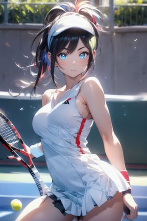 Paris Olympics, (((tennis))), (white, red, blue), 
visor cap, white dress, short dress, sleeveless, wristband, tennis uniform, (tricolor line), tennis racket and ball,  
anime style beautiful woman, 1girl, (ponytail), black hair, (long hair), 

Slender, skinny, (turime), thick eyebrows, 

vibrant colors, sharp focus, best quality, depth of field, cinematic lighting, (illustration, 8k CG, extremely detailed), ultra-detailed, high resolution, firefliesfireflies, perfect light, 
stylish pose, 8k, very clear, highest quality, high resolution. best quality, illustration, sax blue, 1girl, cute, (dynamic lighting:1.2), cinematic lighting, delicate facial features, detailed eyes, sharp pupils, realistic pupils, depth of field, bokeh, sharp focus, (hyper-detailed, bloom, glow:1.4), many small gems