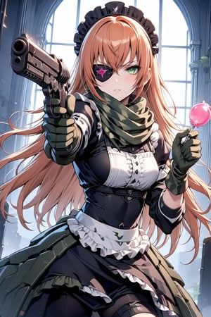  score_9, score_8_up, score_7_up, score_6_up, rating_explicit, masterpiece, best quality, beautiful lighting, 
1girl, solo, cz2128_delta \(overlord\), long hair, orange hair, green eyes, eyepatch,
maid, dress, maid headdress, camouflage, green scarf, gloves, boots, 
(holding candy pink lolli-pop:1.3), serious face, looking at viewer, shooting, upper body, dutch angle,mukakinojisan,dual pistols