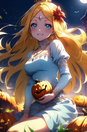 sitting, light smile, witch, Woman dressed in a spooky Halloween costume, holding a carved pumpkin, surrounded by pumpkin, score_9, score_8_up, score_7_up, source_anime, rennertheierechardelonrylevaiself, renner theiere chardelon ryle vaiself, long hair, blue eyes, blonde hair, hair ornament, very long hair, flower, hair flower, light smile, too much blushing, 
ljewelry, necklace, crown, princess, night, night sky, moonlight, moon, 
looking at viewer, cowboy shot, dutch angle, upper body, 