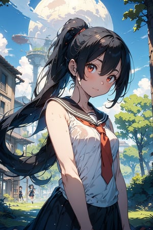 anime style beautiful woman, 1girl, (ponytail), black hair, (long hair), 
Slender, skinny, (turime), thick eyebrows, 
(school uniform), (sailor uniform), ((red sailor tie)), (white sailor blouse), sleeveless, bare shoulders, delicate and sexy collarbone, (wet), tight_clothes, 
vibrant colors, female, masterpiece, sharp focus, best quality, depth of field, cinematic lighting, ((solo, one woman )), (illustration, 8k CG, extremely detailed), ultra-detailed, high resolution, firefliesfireflies,perfect light
A steampunk astronaut explores a moon that's an impossible jungle of steam-powered machinery and lush greenery. The Earth hangs in the sky, a backdrop to this anachronistic adventure.
upper body, ,breakdomain