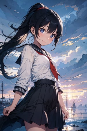 anime style beautiful woman, 1girl, (ponytail), black hair, (long hair), (smile), (beach), (A blanket of clouds stretching across the sky, diffusing sunlight and creating a soft, subdued atmosphere)),  
Slender, skinny, (turime), thick eyebrows, 
(school uniform), (sailor uniform), ((red sailor tie)), (white sailor blouse), 
vibrant colors, sharp focus, best quality, depth of field, cinematic lighting, (illustration, 8k CG, extremely detailed), ultra-detailed, high resolution, firefliesfireflies, perfect light, 
stylish pose, 8k, very clear, highest quality, high resolution. best quality, illustration, sax blue, 1girl, cute, (dynamic lighting:1.2), cinematic lighting, delicate facial features, detailed eyes, sharp pupils, realistic pupils, depth of field, bokeh, sharp focus, (hyper-detailed, bloom, glow:1.4), many small gems,breakdomain