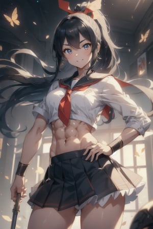 anime style beautiful woman, 1girl, (ponytail), black hair, (long hair), 
(smile), 
Slender, skinny, (turime), thick eyebrows, 
(school uniform), (sailor uniform), ((red sailor tie)), (white sailor blouse), 
(((abs))), ((hand on hip)),  
vibrant colors, sharp focus, best quality, depth of field, cinematic lighting, (illustration, 8k CG, extremely detailed), ultra-detailed, high resolution, firefliesfireflies, perfect light, 
stylish pose, 8k, very clear, highest quality, high resolution. best quality, illustration, sax blue, 1girl, cute, (dynamic lighting:1.2), cinematic lighting, delicate facial features, detailed eyes, sharp pupils, realistic pupils, depth of field, bokeh, sharp focus, (hyper-detailed, bloom, glow:1.4), many small gems,glowing gold