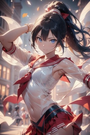 anime style beautiful woman, 1girl, (ponytail), black hair, (long hair), 
(smile), ((face)), (close up), lush greenery, upper body, ((dancing)),  
Slender, skinny, Flat Chest, small breasts, (turime), thick eyebrows, 
(school uniform), (sailor uniform), ((red sailor tie)), (white sailor blouse), sleeveless, bare shoulders, delicate and sexy collarbone, (wet), tight_clothes, 
simple background, 
8k, very clear, looking at viewer, simple background, solo, highest quality, high resolution. best quality, illustration, sax blue, 1girl, cute, (dynamic lighting:1.4), cinematic lighting, delicate facial features, detailed eyes, sharp pupils, realistic pupils, depth of field, bokeh, sharp focus, (hyper-detailed, bloom, glow:1.4), many small gems,bellydancer