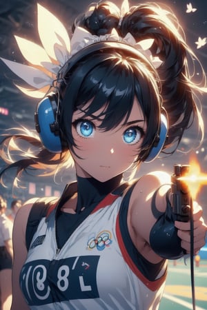 Paris Olympics, (((pistol shooting))), Olympic shooting competition,
anime style beautiful woman, 1girl, (ponytail), black hair, (long hair), 
Slender, skinny, (turime), thick eyebrows, 

((firing range)),(holding air handgun), outstretched arm,muzzle flash,aiming at viewer and target, player uniform, sleeveless, sports shorts, ((ear defenders)), fingerless gloves, olympic games venue, wind, steam, sweat, shadow, standing, 
((face)), (close up), (((holding gun))), aiming, 

vibrant colors, sharp focus, best quality, depth of field, cinematic lighting, (illustration, 8k CG, extremely detailed), ultra-detailed, high resolution, firefliesfireflies, perfect light, 
8k, very clear, highest quality, high resolution. best quality, illustration, sax blue, 1girl, cute, (dynamic lighting:1.2), cinematic lighting, delicate facial features, detailed eyes, sharp pupils, realistic pupils, depth of field, bokeh, sharp focus, (hyper-detailed, bloom, glow:1.4), many small gems, Midjourney
