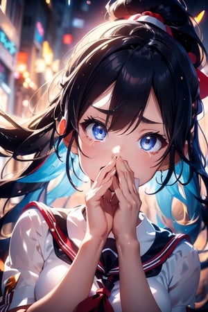 anime style beautiful woman, 1girl, (ponytail), black hair, (long hair),  (sad), (cry), tears, ((face)), (close up), (((covering mouth with hands))), 
Slender, skinny, Flat Chest, small breasts, (turime), thick eyebrows, 
(school uniform), (sailor uniform), ((red sailor tie)), (white sailor blouse), sleeveless, bare shoulders, delicate and sexy collarbone, wet, tight_clothes, 
simple background, (((front view))), from above. 
8k, very clear, looking at viewer, simple background, solo, highest quality, high resolution. best quality, illustration, sax blue, 1girl, cute, (dynamic lighting:1.4), cinematic lighting, delicate facial features, detailed eyes, sharp pupils, realistic pupils, depth of field, bokeh, sharp focus, (hyper-detailed, bloom, glow:1.4), many small gems, 
