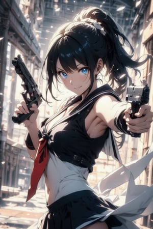 anime style beautiful woman, 1girl, (ponytail), black hair, (long hair), 
(smile), ((face)), (close up), cleavage cutout, navel, 
(((holding gun))), aiming, 
Slender, skinny, (turime), thick eyebrows, 
(school uniform), (sailor uniform), ((red sailor tie)), (white sailor blouse), sleeveless, bare shoulders, delicate and sexy collarbone, (wet), tight_clothes, 
simple background, 
8k, very clear, looking at viewer, simple background, solo, highest quality, high resolution. best quality, illustration, sax blue, 1girl, cute, (dynamic lighting:1.4), cinematic lighting, delicate facial features, detailed eyes, sharp pupils, realistic pupils, depth of field, bokeh, sharp focus, (hyper-detailed, bloom, glow:1.4), many small gems,breakdomain,xuer pistol