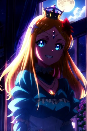 score_9, score_8_up, score_7_up, source_anime, rennertheierechardelonrylevaiself, renner theiere chardelon ryle vaiself, long hair, blue eyes, blonde hair, hair ornament, very long hair, flower, hair flower, smile, evil smile, evil grin, long sleeves, dress, jewelry, puffy sleeves, necklace, blue dress, crown, princess, frills, indoors, night, night sky, moonlight, moon, curtains, window, looking at viewer, cowboy shot, glowing eyes, hidden in the shadows, 