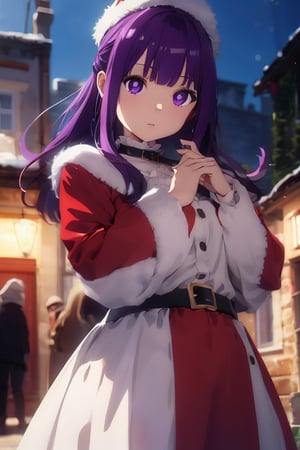 Fern, 1 girl, petite, wear Santa Claus hat, christmas party, christmas gifts, solo, purple hair, long hair, purple eyes, blunt bangs, sidelocks, half updo, bright pupils, hair ornament, frilled collar, white dress, center frills, long sleeves, long skirt, curvy, cowboy shot, Exquisite visuals, high-definition, masterpiece, best quality, 20yo, Young female, Beautiful Finger, Beautiful long legs, Beautiful body, Beautiful Nose, Beautiful character design, perfect eyes, perfect face, expressive eyes, 
 looking at viewer, official art, extremely detailed CG unity 8k wallpaper, perfect lighting,Colorful, Bright_Front_face_Lighting, shiny skin, (masterpiece:1.0), (best_quality:1.0), ultra high res, 4K, ultra-detailed, photography, 8K, HDR, highres, absurdres, Kodak portra 400, film grain, blurry background, bokeh lens flare, vibrant_color, beautiful_face, ,Santa Claus,