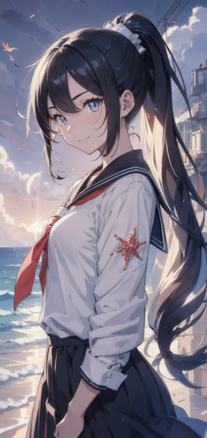 anime style beautiful woman, 1girl, (ponytail), black hair, (long hair), (smile), (beach), (A blanket of clouds stretching across the sky, diffusing sunlight and creating a soft, subdued atmosphere)),  
Slender, skinny, (turime), thick eyebrows, 
(school uniform), (sailor uniform), ((red sailor tie)), (white sailor blouse), 
vibrant colors, sharp focus, best quality, depth of field, cinematic lighting, (illustration, 8k CG, extremely detailed), ultra-detailed, high resolution, firefliesfireflies, perfect light, 
stylish pose, 8k, very clear, highest quality, high resolution. best quality, illustration, sax blue, 1girl, cute, (dynamic lighting:1.2), cinematic lighting, delicate facial features, detailed eyes, sharp pupils, realistic pupils, depth of field, bokeh, sharp focus, (hyper-detailed, bloom, glow:1.4), many small gems,Beautiful Beach,rain,niji,light,no_humans