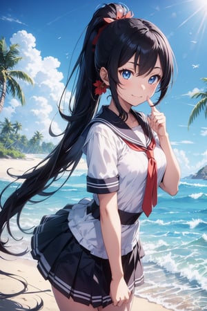 anime style beautiful woman, 1girl, (ponytail), black hair, (long hair), (smile), (face), (close up), 
(((finger to mouth))), 
(beach), (outdoor, blue sky, beautiful fantasy tropics, sweet smile, vivid color, sunshine, flowers, hibiscus, scenery, Beautiful Beach)),  
Slender, skinny, (turime), thick eyebrows, (from below). 
(school uniform), (sailor uniform), ((red sailor tie)), (white sailor blouse), 
vibrant colors, sharp focus, best quality, depth of field, cinematic lighting, (illustration, 8k CG, extremely detailed), ultra-detailed, high resolution, firefliesfireflies, perfect light, 
stylish pose, 8k, very clear, highest quality, high resolution. best quality, illustration, sax blue, 1girl, cute, (dynamic lighting:1.2), cinematic lighting, delicate facial features, detailed eyes, sharp pupils, realistic pupils, depth of field, bokeh, sharp focus, (hyper-detailed, bloom, glow:1.4), many small gems,Beautiful Beach,breakdomain