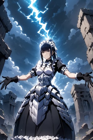 1girl, masterpiece, best quality, very aesthetic, absurdres,narberal gamma \(overlord\), black hair, evil grin, white maid headband, black eyes, slim body, spread arms, 
ribbon, bow, maid, apron, armored dress, gloves, magic chanting, (lightning), (blue aura), Ancient ruins, night, (floating in the air), sky, front view, from below, 