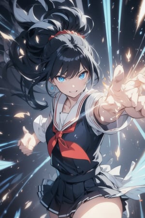 anime style beautiful woman, 1girl, (ponytail), black hair, (long hair), 
(smile), 
Slender, skinny, (turime), thick eyebrows, 
(school uniform), (sailor uniform), ((red sailor tie)), (white sailor blouse), 
 ((rushpunch, punching,
clenched hands, too much, multiple hands, extra arms, foreshortening, incoming attack,
aura, afterimage, motion lines, speed lines, motion_blur, energy, glowing,)), 
vibrant colors, sharp focus, best quality, depth of field, cinematic lighting, (illustration, 8k CG, extremely detailed), ultra-detailed, high resolution, firefliesfireflies, perfect light, 
stylish pose, 8k, very clear, highest quality, high resolution. best quality, illustration, sax blue, 1girl, cute, (dynamic lighting:1.2), cinematic lighting, delicate facial features, detailed eyes, sharp pupils, realistic pupils, depth of field, bokeh, sharp focus, (hyper-detailed, bloom, glow:1.4), many small gems,rushpunch