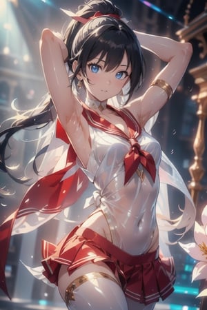 anime style beautiful woman, 1girl, (ponytail), black hair, (long hair), 
(smile), ((face)), (close up), lush greenery, upper body, arms behind head, ((dancing)),  
Slender, skinny, Flat Chest, small breasts, (turime), thick eyebrows, 
(school uniform), (sailor uniform), ((red sailor tie)), (white sailor blouse), sleeveless, bare shoulders, delicate and sexy collarbone, (wet), tight_clothes, 
simple background, 
8k, very clear, looking at viewer, simple background, solo, highest quality, high resolution. best quality, illustration, sax blue, 1girl, cute, (dynamic lighting:1.4), cinematic lighting, delicate facial features, detailed eyes, sharp pupils, realistic pupils, depth of field, bokeh, sharp focus, (hyper-detailed, bloom, glow:1.4), many small gems,bellydancer