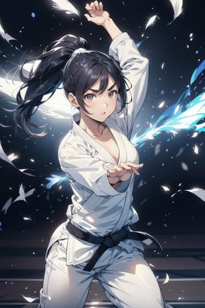 Paris Olympics, (((judo))),  
anime style beautiful woman, (solo), 1girl, (ponytail), black hair, (long hair), 
Slender, skinny, (turime), thick eyebrows, 
dougi, black belt, white pants, 
Judo combat pose, judo uniform with tricolor line, dynamic pose, motion blur, emphasis line, sparks, plasma, aura, 
Olympic Stadium, 
JudoCh