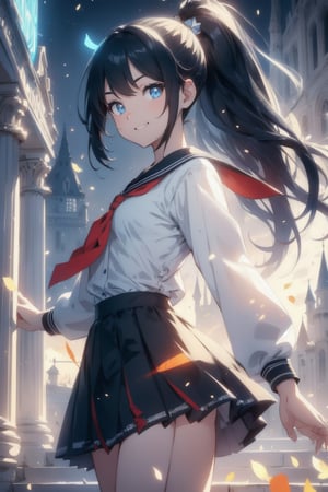 anime style beautiful woman, 1girl, (ponytail), black hair, (long hair), (smile), (beach), (castle hall, city ​​street,（square：1.3）,stairs, ruins, pillar, scenery, Castle ruins in the background,cinematic lighting),  
Slender, skinny, (turime), thick eyebrows, 
(school uniform), (sailor uniform), ((red sailor tie)), (white sailor blouse), 
vibrant colors, sharp focus, best quality, depth of field, cinematic lighting, (illustration, 8k CG, extremely detailed), ultra-detailed, high resolution, firefliesfireflies, perfect light, 
stylish pose, 8k, very clear, highest quality, high resolution. best quality, illustration, sax blue, 1girl, cute, (dynamic lighting:1.2), cinematic lighting, delicate facial features, detailed eyes, sharp pupils, realistic pupils, depth of field, bokeh, sharp focus, (hyper-detailed, bloom, glow:1.4), many small gem