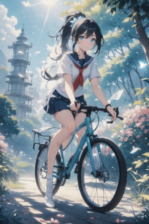 anime style beautiful woman, 1girl, (ponytail), black hair, (long hair), (smile), (beach), (outdoor, blue sky, beautiful fantasy tropics, sweet smile, vivid color, sunshine, flowers, scenery, Beautiful forest)),  (riding a bicycle across the road), 
Slender, skinny, Flat Chest, small breasts, (turime), thick eyebrows, 
(school uniform), (sailor uniform), ((red sailor tie)), (white sailor blouse), 
vibrant colors, sharp focus, best quality, depth of field, cinematic lighting, (illustration, 8k CG, extremely detailed), ultra-detailed, high resolution, firefliesfireflies, perfect light, 
stylish pose, 8k, very clear, highest quality, high resolution. best quality, illustration, sax blue, 1girl, cute, (dynamic lighting:1.2), cinematic lighting, delicate facial features, detailed eyes, sharp pupils, realistic pupils, depth of field, bokeh, sharp focus, (hyper-detailed, bloom, glow:1.4), many small gems,Beautiful Beach,riding a road bike,Magic Forest,no_humans