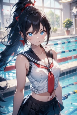 anime style beautiful woman, 1girl, (ponytail), black hair, (long hair), 
(smile), ((face)), (close up), school, (((pool))), cleavage cutout, navel, 
walking, 
Slender, skinny, (turime), thick eyebrows, 
(school uniform), (sailor uniform), ((red sailor tie)), (white sailor blouse), sleeveless, bare shoulders, delicate and sexy collarbone, (wet), tight_clothes, 
8k, very clear, looking at viewer, simple background, solo, highest quality, high resolution. best quality, illustration, sax blue, 1girl, cute, (dynamic lighting:1.4), cinematic lighting, delicate facial features, detailed eyes, sharp pupils, realistic pupils, depth of field, bokeh, sharp focus, (hyper-detailed, bloom, glow:1.4), many small gems