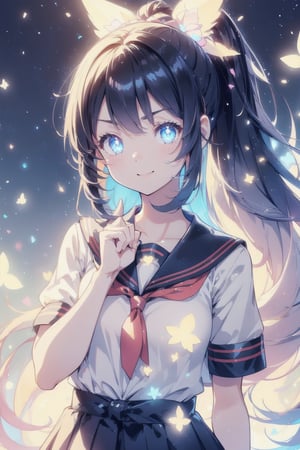 anime style beautiful woman, (1girl), (ponytail), black hair, (long hair), 
(smile), 
Slender, skinny, (turime), thick eyebrows, 
(school uniform), (sailor uniform), ((red sailor tie)), (white sailor blouse), 
vibrant colors, sharp focus, best quality, depth of field, cinematic lighting, (illustration, 8k CG, extremely detailed),
8k, very clear, highest quality, high resolution. best quality, illustration, sax blue, 1girl, cute, (dynamic lighting:1.2), cinematic lighting, delicate facial features, detailed eyes, sharp pupils, realistic pupils, depth of field, bokeh, sharp focus, (hyper-detailed, bloom, glow:1.4), many small gems