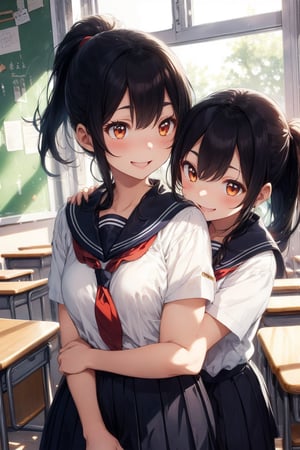 anime style beautiful woman, 1girl, (ponytail), black hair, (long hair), (smile),
Slender, skinny, (turime), thick eyebrows, 
(school uniform), (sailor uniform), ((red sailor tie)), (white sailor blouse), 
1girl, An illustration inspired by "After School Tea Time" depicts high school girls enjoying each other's company in a classroom after school. The soft light of the setting sun streams through the windows, bathing the room in a warm orange glow. The girls are relaxed and laughing together. One girl is talking while holding a snack, and another is smiling and nodding. In the background, the blackboard and bulletin board evoke the typical school setting. This illustration beautifully captures the warm, precious moments spent with friends after school.
(bokeh:1.1), ,breakdomain,light