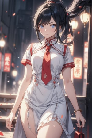 anime style beautiful woman, 1girl, (ponytail), black hair, (long hair), 
Fashion cheongsam, 
Slender, skinny, (turime), thick eyebrows, 
(school uniform), (sailor uniform), ((red sailor tie)), (white sailor blouse), 
vibrant colors, sharp focus, best quality, depth of field, cinematic lighting, (illustration, 8k CG, extremely detailed), ultra-detailed, high resolution, firefliesfireflies, perfect light, 
stylish pose, 8k, very clear, highest quality, high resolution. best quality, illustration, sax blue, 1girl, cute, (dynamic lighting:1.2), cinematic lighting, delicate facial features, detailed eyes, sharp pupils, realistic pupils, depth of field, bokeh, sharp focus, (hyper-detailed, bloom, glow:1.4), many small gems