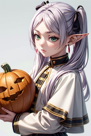 beautiful girl, petite, emotionless, holding a carved pumpkin, surrounded by pumpkin, light purple hair, green eyes, side twintails, center parted, no ribbon on head, elf years, long years,  Slender, skinny, Flat Chest, small breasts, (portrait), upper body, cute lovely,  detailed face, detailed body, shirt, long sleeves, jewelry, pantyhose, earrings, striped, black pantyhose, capelet, striped shirt, frieren, highest quality, high resolution.,frieren, 