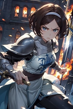 masterpiece, best quality
1girl, solo
1girl on a castle wall, medieval castle, outdoors, gloomy lighting, (afternoon:1.2), 
Remedios, short hair, hair band, brown hair, armor, serious face, looking at viewer,
fighting stance, sword, ((holding sword)), buster sword, demon monster, fire, flames, smoke,