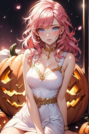 beautiful woman, sitting, holding a carved pumpkin, surrounded by pumpkin, looking at the viewer, pink hair, blue eyes, white dress, upper body
