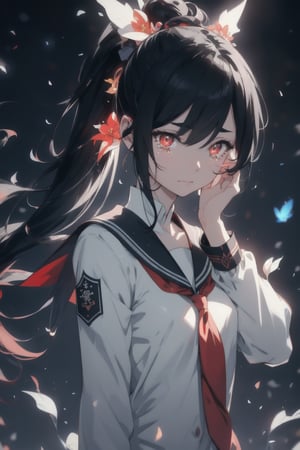 anime style beautiful woman, 1girl, (ponytail), black hair, (long hair), (((sad))), (crying), (tears), 
Slender, skinny, (turime), thick eyebrows, 
(school uniform), (sailor uniform), ((red sailor tie)), (white sailor blouse), 
 (Taoist theme), ((Gorgeous fantasy masterpiece in dark color tone)), 
vibrant colors, sharp focus, best quality, depth of field, cinematic lighting, (illustration, 8k CG, extremely detailed), ultra-detailed, high resolution, firefliesfireflies, perfect light, 
stylish pose, 8k, very clear, highest quality, high resolution. best quality, illustration, sax blue, 1girl, cute, (dynamic lighting:1.2), cinematic lighting, delicate facial features, detailed eyes, sharp pupils, realistic pupils, depth of field, bokeh, sharp focus, (hyper-detailed, bloom, glow:1.4), many small gems,leviathandef,dragonbaby,nodf_lora,MONOCHROME GLOWING