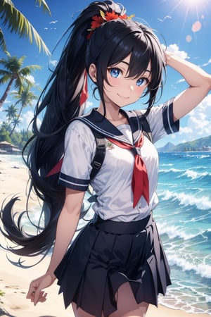anime style beautiful woman, 1girl, (ponytail), black hair, (long hair), (smile), (beach), (outdoor, blue sky, beautiful fantasy tropics, sweet smile, vivid color, sunshine, flowers, hibiscus, scenery, Beautiful Beach)),  
Slender, skinny, (turime), thick eyebrows, 
(school uniform), (sailor uniform), ((red sailor tie)), (white sailor blouse), 
vibrant colors, sharp focus, best quality, depth of field, cinematic lighting, (illustration, 8k CG, extremely detailed), ultra-detailed, high resolution, firefliesfireflies, perfect light, 
stylish pose, 8k, very clear, highest quality, high resolution. best quality, illustration, sax blue, 1girl, cute, (dynamic lighting:1.2), cinematic lighting, delicate facial features, detailed eyes, sharp pupils, realistic pupils, depth of field, bokeh, sharp focus, (hyper-detailed, bloom, glow:1.4), many small gems,Beautiful Beach,breakdomain