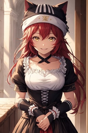 BETA, masterpiece, best quality, high quality, highres, absurdres, 1girl, solo, animal hat, anime coloring, maid, indoors, upper body, puffy short sleeves, black headwear, collarbone, parody, official style, black choker, alternate costume, bridal gauntlets, black dress, white shirt, ess, dress, frills, long sleeves, maid, maid headdress, puffy sleeves, looking at viewer, masterpiece, best quality, high resolution, lupusregina beta, smile, opend mouth, outdoors 

