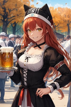 In her hands, she is holding a tray filled with ten large, frosted beer mugs, each filled with a rich amber-colored beer topped with a thick, creamy white foam, ((wearing typical oktoberfest clothes)), white shirt, moss green waist trainers, at oktoberfest in the middle of the crowd, standing with beer mugs in each hand, 
autumn, levies, lupusregina beta, evil grin, acrobatic pose, outdoors, forest, trees, BETA, masterpiece, best quality, high quality, highres, absurdres, 1girl, solo, animal hat, anime coloring, maid, upper body, puffy short sleeves, black headwear, collarbone, parody, official style, black choker, alternate costume, bridal gauntlets, black dress, white shirt, ess, dress, frills, long sleeves, maid, maid headdress, puffy sleeves, looking at viewer, masterpiece, best quality, high resolution, 

