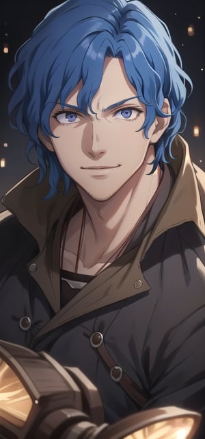 Brain Unglaus, Overlord, 1boy, solo, wavy hair, blue hair, 
masterpiece, best quality, ultra-detailed, glowing light, (detailed background, complex background:1.2), (perfect face, detailed face), full body, bar, saloon, light smile, 
