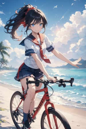 anime style beautiful woman, 1girl, (ponytail), black hair, (long hair), (smile), (beach), (outdoor, blue sky, beautiful fantasy tropics, sweet smile, vivid color, sunshine, flowers, hibiscus, scenery, Beautiful Beach)),  ( riding a bicycle across the road, big city, main road), 
Slender, skinny, (turime), thick eyebrows, 
(school uniform), (sailor uniform), ((red sailor tie)), (white sailor blouse), 
vibrant colors, sharp focus, best quality, depth of field, cinematic lighting, (illustration, 8k CG, extremely detailed), ultra-detailed, high resolution, firefliesfireflies, perfect light, 
stylish pose, 8k, very clear, highest quality, high resolution. best quality, illustration, sax blue, 1girl, cute, (dynamic lighting:1.2), cinematic lighting, delicate facial features, detailed eyes, sharp pupils, realistic pupils, depth of field, bokeh, sharp focus, (hyper-detailed, bloom, glow:1.4), many small gems,Beautiful Beach,riding a road bike
