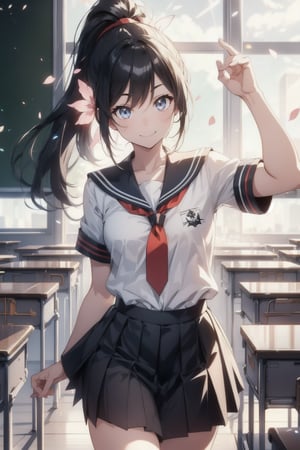 anime style beautiful woman, 1girl, (ponytail), black hair, (long hair), (smile), (((Classroom, blurry background))),
Slender, skinny, (turime), thick eyebrows, 
(school uniform), (sailor uniform), ((red sailor tie)), (white sailor blouse), upper body, 
vibrant colors, sharp focus, best quality, depth of field, cinematic lighting, (illustration, 8k CG, extremely detailed), ultra-detailed, high resolution, firefliesfireflies, perfect light, 
stylish pose, 8k, very clear, highest quality, high resolution. best quality, illustration, sax blue, 1girl, cute, (dynamic lighting:1.2), cinematic lighting, delicate facial features, detailed eyes, sharp pupils, realistic pupils, depth of field, bokeh, sharp focus, (hyper-detailed, bloom, glow:1.4), many small gems, e235,Void volumes,Classroom,light