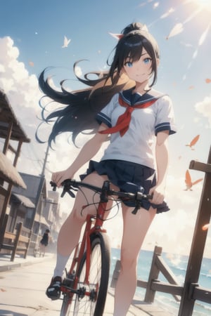 anime style beautiful woman, 1girl, (ponytail), black hair, (long hair), (smile), (beach), (outdoor, blue sky, beautiful fantasy nature, sweet smile, vivid color, sunshine, flowers, scenery, Beautiful town)),  (riding a bicycle across the road), ((bridge)), 
Slender, skinny, Flat Chest, small breasts, (turime), thick eyebrows, 
(school uniform), (sailor uniform), ((red sailor tie)), (white sailor blouse), 
vibrant colors, sharp focus, best quality, depth of field, cinematic lighting, (illustration, 8k CG, extremely detailed), ultra-detailed, high resolution, firefliesfireflies, perfect light, 
stylish pose, 8k, very clear, highest quality, high resolution. best quality, illustration, sax blue, 1girl, cute, (dynamic lighting:1.2), cinematic lighting, delicate facial features, detailed eyes, sharp pupils, realistic pupils, depth of field, bokeh, sharp focus, (hyper-detailed, bloom, glow:1.4), many small gems,Beautiful Beach,riding a road bike,Magic Forest,Half-timbered Construction