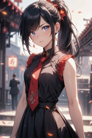 anime style beautiful woman, 1girl, (ponytail), black hair, (long hair), 
Fashion cheongsam, 
Slender, skinny, (turime), thick eyebrows, 
(school uniform), (sailor uniform), ((red sailor tie)), (white sailor blouse), 
vibrant colors, sharp focus, best quality, depth of field, cinematic lighting, (illustration, 8k CG, extremely detailed), ultra-detailed, high resolution, firefliesfireflies, perfect light, 
stylish pose, 8k, very clear, highest quality, high resolution. best quality, illustration, sax blue, 1girl, cute, (dynamic lighting:1.2), cinematic lighting, delicate facial features, detailed eyes, sharp pupils, realistic pupils, depth of field, bokeh, sharp focus, (hyper-detailed, bloom, glow:1.4), many small gems