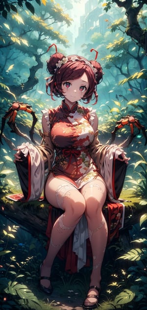 Entoma Vasilissa Zeta, girl, burgundy hair, short hair, twin buns, insect antennae, porcelain face, red-black eyes, black eyes scars
Slender, skinny, chinese dress, maid hairband,
(masterpiece), (best quality), 8k illustration,
solo,1girl, maid dress, maid uniform, red theme, red outfit, red uniform, Chinese dress, Chinese theme outfit, Chinese pattern outfit, thick scar on her face, thick scar on her skin, Chinese hair ornament, Slender, skinny, flat chest, 
sleeves, large sleeves, (((China dress, huge sleeves, sleeves hide hands))), no hands,  looking at viewer, upper body,
light,detail,atmosphere,effects,color, ((gigantic spider shadow behind)), 
forest, night,Magic Forest, (sitting), full body