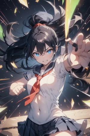 anime style beautiful woman, 1girl, (ponytail), black hair, (long hair), 
(smile), 
Slender, skinny, (turime), thick eyebrows, 
(school uniform), (sailor uniform), ((red sailor tie)), (white sailor blouse), 
(((abs))), ((rushpunch, punching, clenched hands, oreshortening, incoming attack, aura, afterimage, motion lines, speed lines, motion_blur,  energy, glowing,)), ((((punching, fighting stance, motion blur, speed line))), 
vibrant colors, sharp focus, best quality, depth of field, cinematic lighting, (illustration, 8k CG, extremely detailed), ultra-detailed, high resolution, firefliesfireflies, perfect light, 
stylish pose, 8k, very clear, highest quality, high resolution. best quality, illustration, sax blue, 1girl, cute, (dynamic lighting:1.2), cinematic lighting, delicate facial features, detailed eyes, sharp pupils, realistic pupils, depth of field, bokeh, sharp focus, (hyper-detailed, bloom, glow:1.4), many small gems,glowing gold,rushpunch