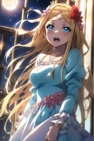 score_9, score_8_up, score_7_up, source_anime, rennertheierechardelonrylevaiself, , renner theiere chardelon ryle vaiself, long hair, blue eyes, blonde hair, hair ornament, very long hair, flower, hair flower, intense orgasm, screaming, horny face, too much blushing, long sleeves, dress, jewelry, puffy sleeves, necklace, blue dress, crown, princess, frills, indoors, night, night sky, moonlight, moon, curtains, window, looking at viewer, cowboy shot, dutch angle,